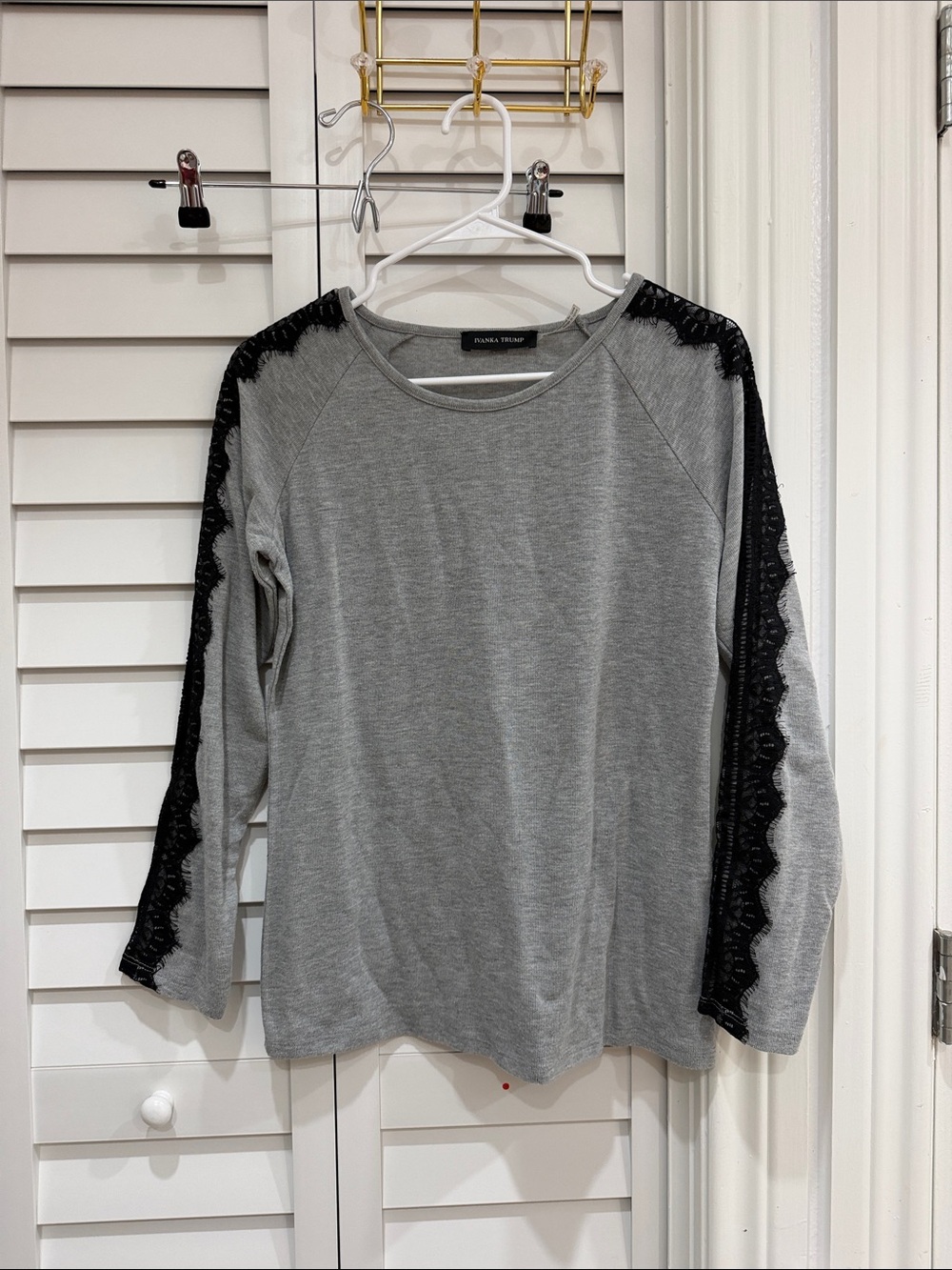 Ivanka trump  Gray Sweatshirt with Black Lace Sleeve Detail